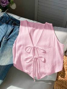 Comfortcana Áo khoác cardigan không tay, màu trơn, thắt nơ phía trước, dành cho nữ cỡ lớn, màu hồng nhạt. - Màu Hồng baby - Xem 7