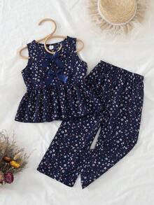 SHEIN Vintaside Kids Bộ đồ hai mảnh họa tiết hoa cho bé gái, áo không tay màu nâu đính nơ + quần ống rộng cùng màu, trang phục thường ngày ngọt ngào và dễ thương, thích hợp cho mùa hè. - Màu xanh lam - Xem 5