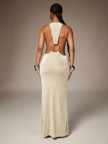 Denimoi O-Ring Open Back Maxi Dress Sexy Dresses GNO Vacation Outfits Ibiza European Summer Cocktail Going Out Party Night Out Light Beige - Apricot - View 2