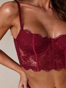 SHEIN BAE 2件套女士白色浪漫长款文胸内衣套装 - 酒紅色 - 查看 7