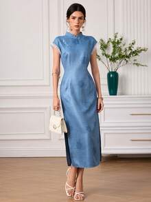EastFlair Đầm sườn xám thanh lịch kiểu Trung Quốc cổ điển mới, ôm sát, phối ren, xẻ tà cao. - Rửa nhẹ - Xem 4