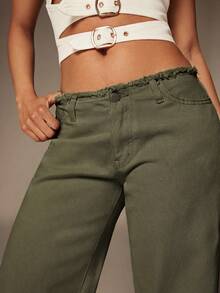Denimoi Quần jeans cạp thấp denim với viền rách, kiểu dáng gợi cảm thập niên 90, lấy cảm hứng từ thời trang Y2K. - xanh quân đội - Xem 2