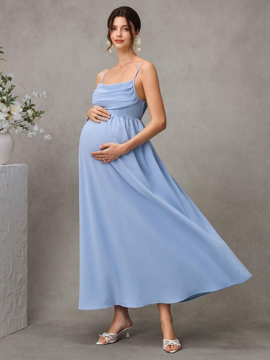 Đầm bầu kiểu Pháp dáng dài, dây mảnh, eo nhún. - Màu xanh lam - Xem 1