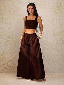SHEIN PETITE Bộ đồ thể thao mùa xuân/hè mới, kiểu dáng thường ngày gồm áo hai dây và quần ống rộng có túi, chất liệu vải có họa tiết. - Màu Đỏ Sâu - Xem 7