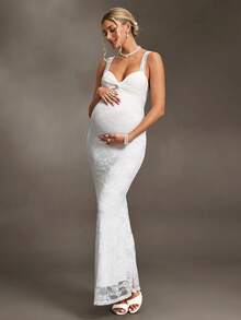 Cheriluna Maternity Đầm bầu dáng đuôi cá ren xếp tầng lãng mạn, đầm chụp ảnh. - Màu be - Xem 5