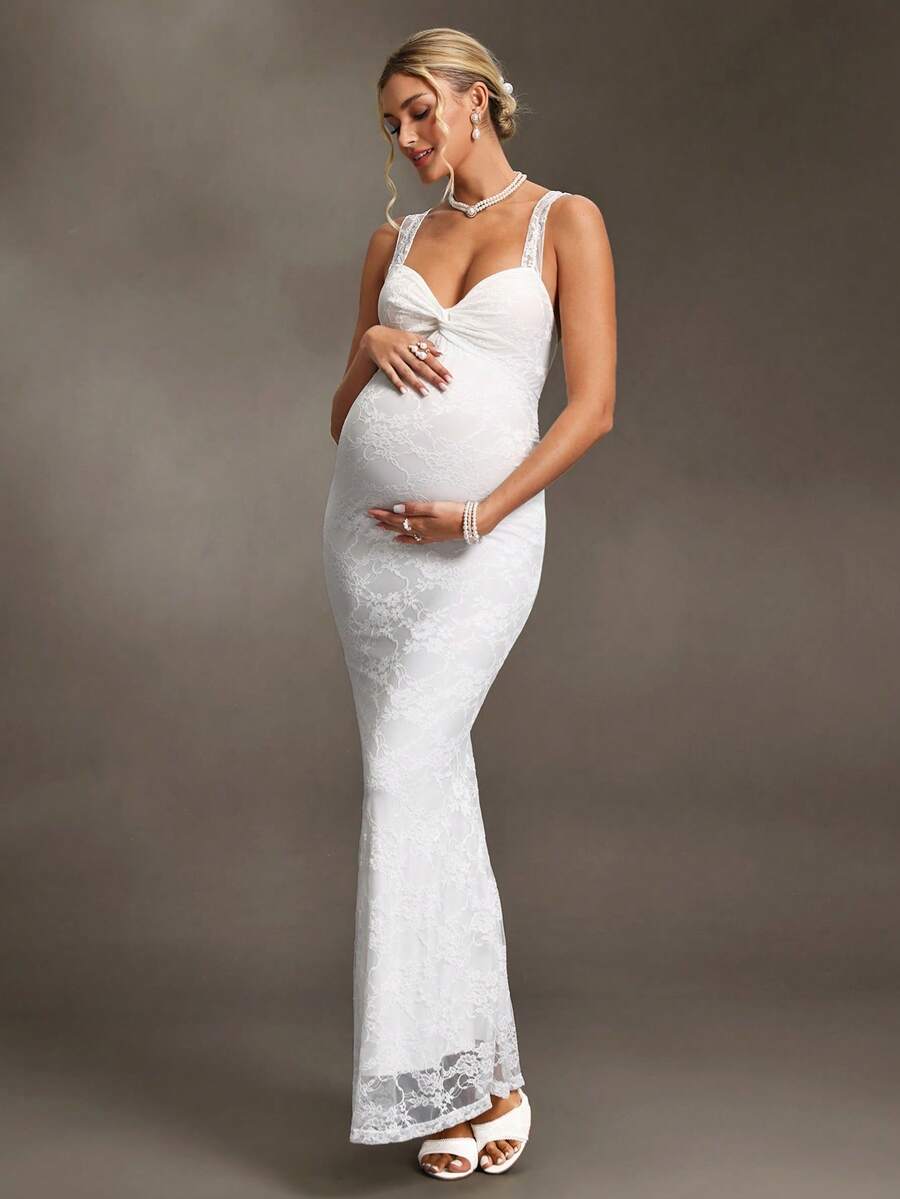 Cheriluna Maternity 浪漫蕾丝荷叶边吊带美人鱼孕妇装，摄影礼服 - 杏色 - 查看 1