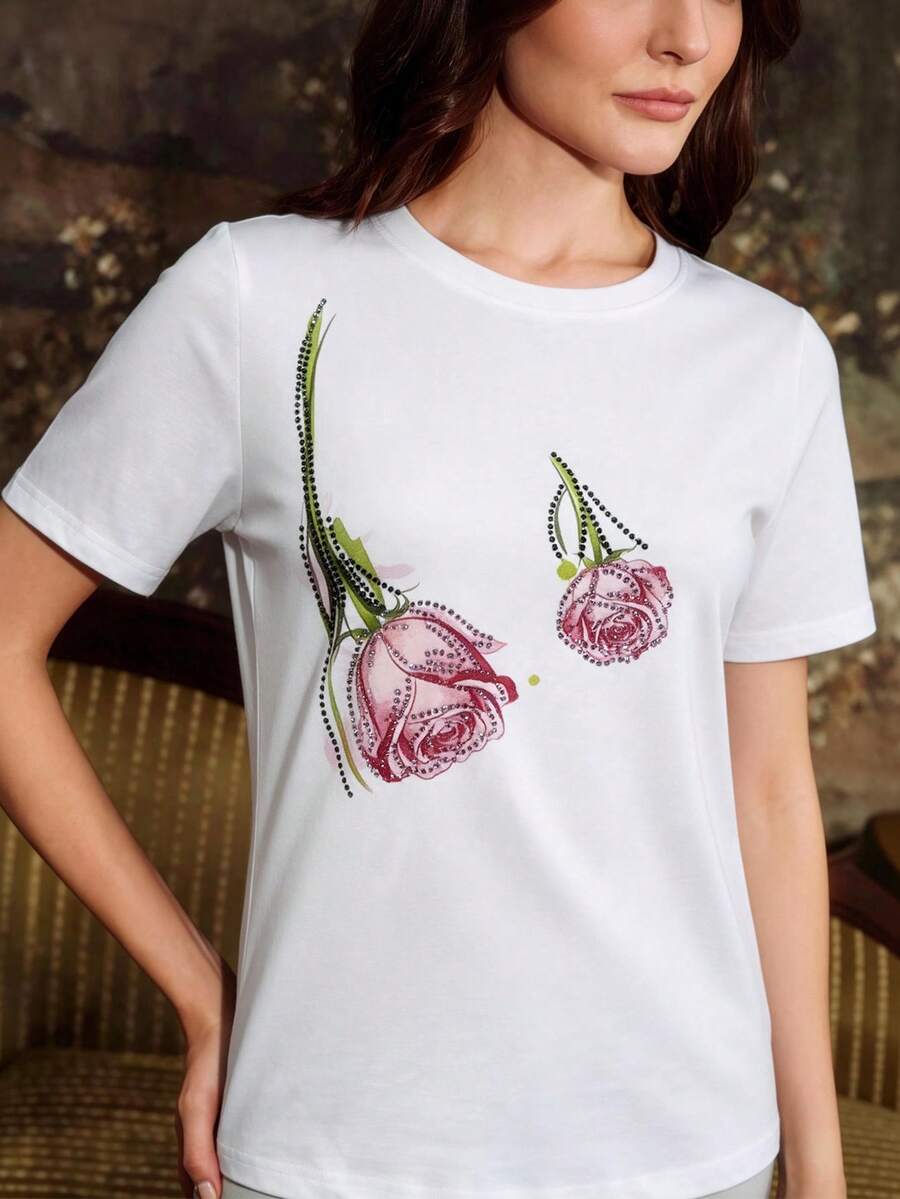 Áo thun ngắn tay nữ in hoa đính đá, kiểu dáng thường ngày. - trắng - Xem 1