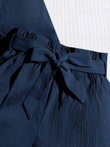 SHEIN 2件套少女无袖背心外套配蝴蝶结腰带和短裤休闲时尚套装，姐妹装（2套单独出售） - 藏蓝色 - 查看 4
