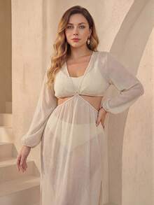 Swim Vcay Plus Size Women Long Sleeve Solid Color Flowy Casual Sexy Beach Beach Vacation Maxi Dress Beige Summer - Beige - View 3