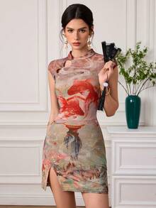 EastFlair Women's Cheongsam Print Split Midi Qipao Dress - Multicolor - View 7