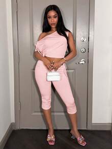 Slaydiva Women's 2 Pieces Pink Summer Casual Sexy Night Out Date Everyday Club Set,Off-The-Shoulder Drawstring Short Top Seven-Inch Cycling Pants, Y2K Outfit - Pink - View 3