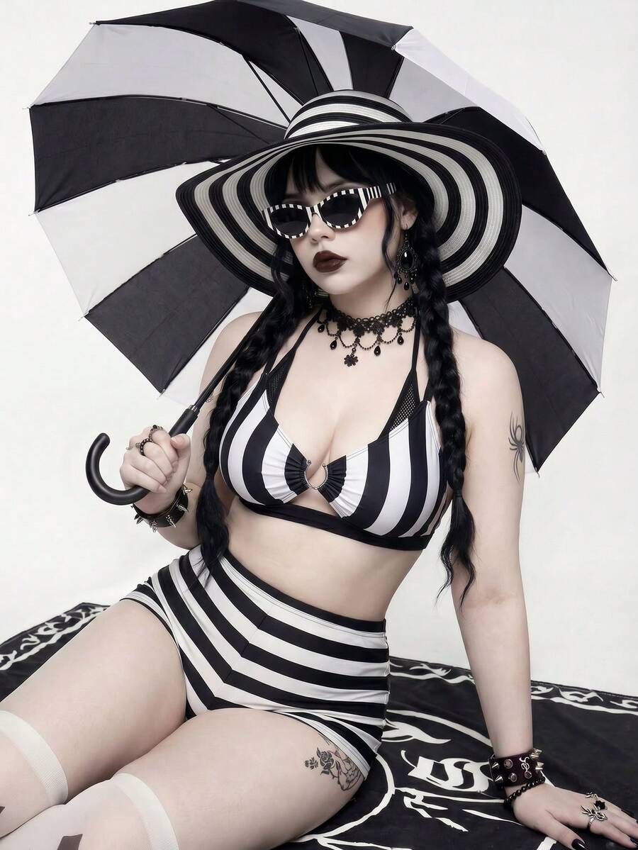 Goth Bộ bikini hai mảnh phối màu dành cho nữ cỡ lớn, kiểu cổ yếm và quần tam giác, thích hợp cho kỳ nghỉ hè. - Đen và trắng - Xem 1