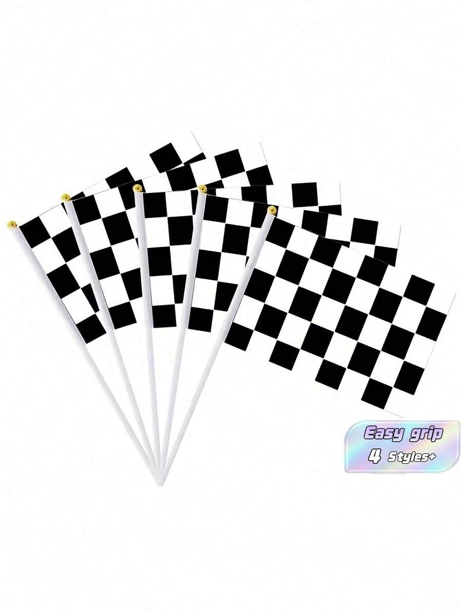 SHEIN 8/10/15/20 pièces drapeau à damiers noir et blanc de 21*14 cm avec bâton en plastique de 30 cm de long, bâton en main pour course, décoration de fête de course, cadeau, fête d'anniversaire sur le thème de la voiture, décoration de maison, décoration de fête - Noir et Blanc - Voir 1