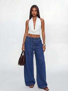 Avantive Quần jeans ống rộng nữ, cạp chun, có túi, kiểu dáng thường ngày, đa năng. - Rửa trung bình - Xem 4