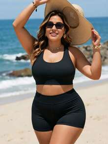 Swim SPRTY Plus Size Women 2pcs Solid Color Supportive Racerback Top With Shorts Swimwear Set - Black - View 5