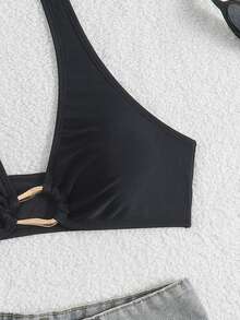 Swim Basics 1pc Women's Plain Metal Decor Halter Neck Casual Bikini Top, Vacation For Summer - Black - View 3