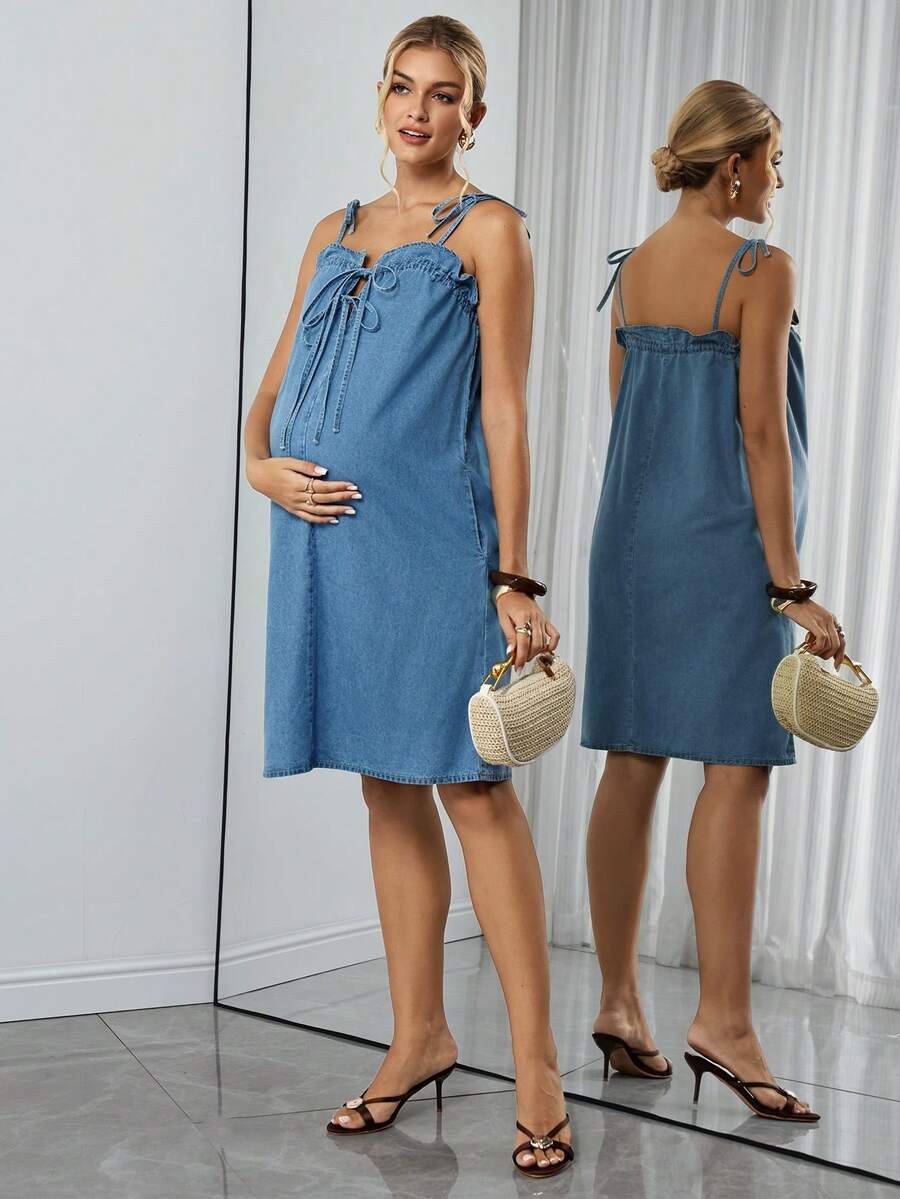 SHEIN Zanzea Maternity Tie-Waist Pocket Denim Fashion Dress For Women,Autumn Casual Dusty Blue Baby Shower Dress,Denim Dress For Woman Casual Dresses - Medium Wash - View 1