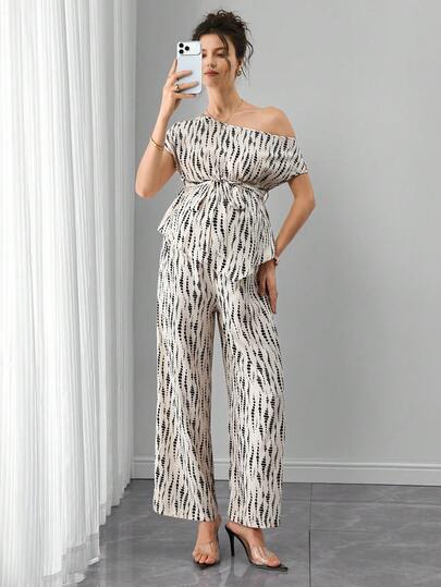 Momance Ensemble 2 pièces Top à épaules nouées rayé et pantalon large de maternité