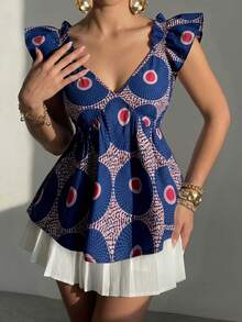 Selianne Elegantes blaues Boho-Damen-Top mit V-Ausschnitt und Peplum, Vintage-Bluse mit kreisförmigem Muster, flatternden Ärmeln und taillierter Taille, Sommerurlaub-Festival-Outfit - Verschiedenfarbig - Übersicht 6