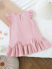 SHEIN Vintaside Kids 1件夏季可愛灰粉色女嬰公主生日禮服，3D花朵裝飾、荷葉袖、圓領、後開襟、荷葉邊裙襬女嬰洋裝 - 粉色 - 查看 2