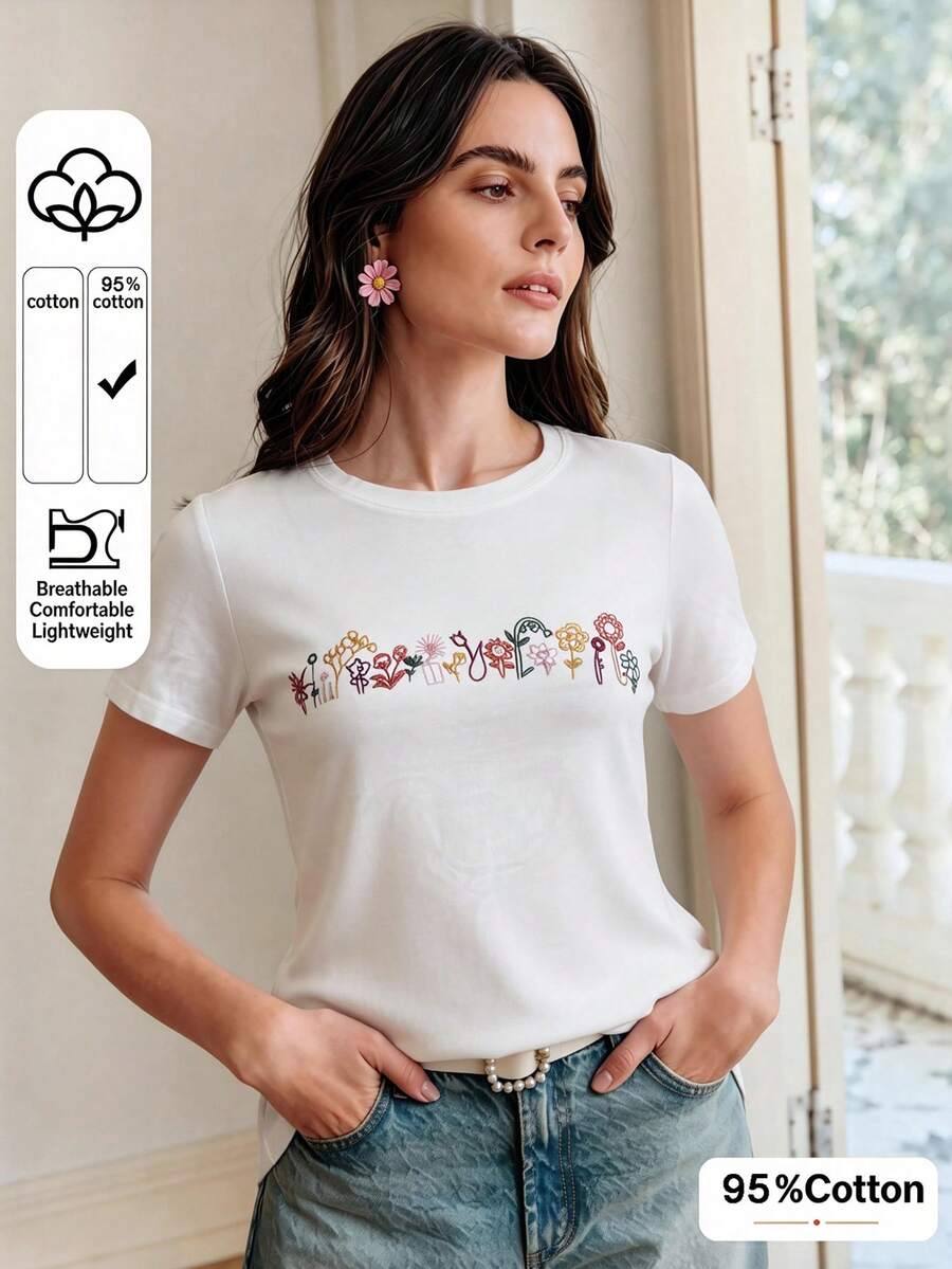 Anewsta Áo thun ngắn tay nữ in họa tiết hoa, kiểu dáng thường ngày, đa năng. - trắng - Xem 1