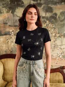 Anewsta Women's Round Neck Rhinestone Bow Graphic Casual Versatile Daily Wear Short Sleeve T-Shirt - Black - View 5