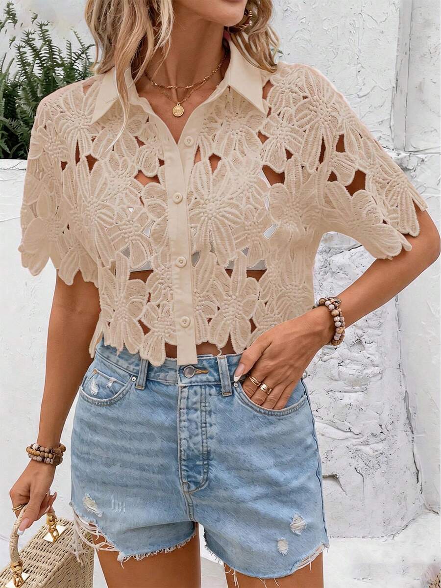 SHEIN Clasi Women's Fashion Versatile Hollow Embroidered Single-Breasted Shirt - Apricot - View 1