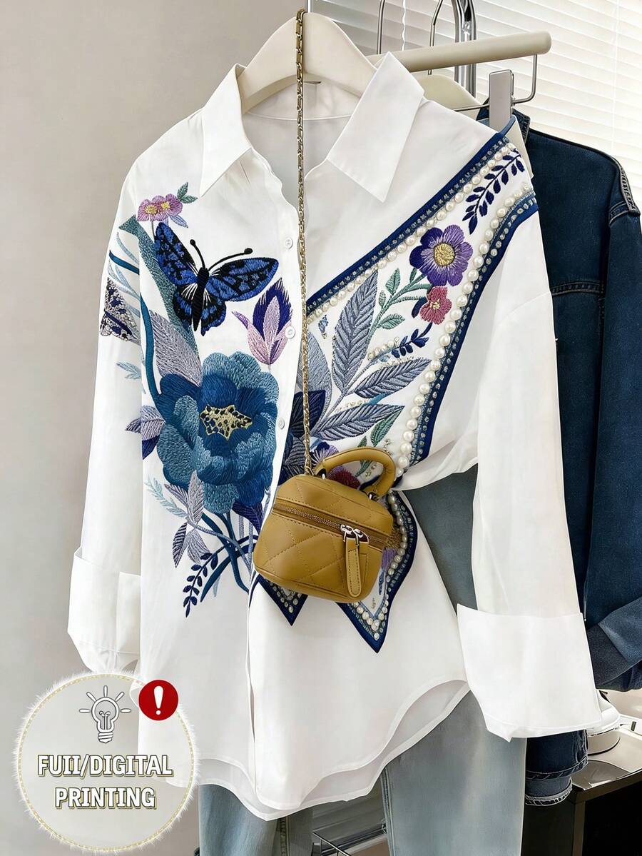 Franclia Áo sơ mi nữ màu trắng in hoa, kiểu dáng rộng rãi tôn dáng, áo khoác cardigan tay dài, thích hợp cho mùa xuân/thu. - Nhiều màu - Xem 1