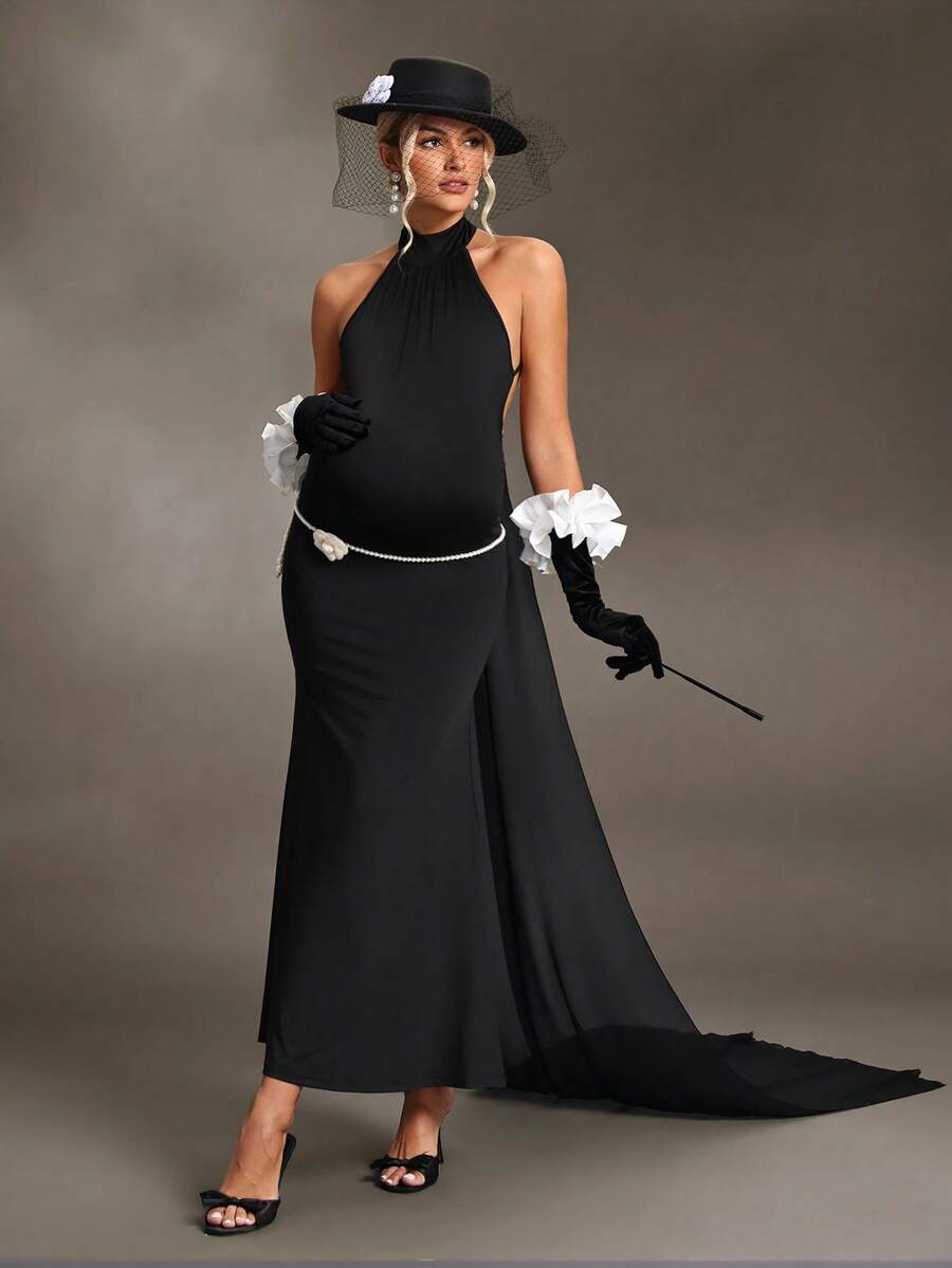 SHEIN Cherish Maternity 孕妇连衣裙，性感露背吊带修身拖尾连衣裙，孕妇摄影礼服 - 黑色 - 查看 1