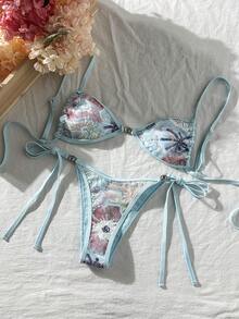 Swim Vcay Bộ đồ bơi 2 mảnh Swim Bonvoyette, thích hợp cho kỳ nghỉ xuân/hè, chất liệu vải dệt hoa đính sequin màu xanh ngọc trai, áo quây hai dây và quần buộc dây bên hông, kiểu dáng gợi cảm dành cho nữ. - Nhiều màu - Xem 6