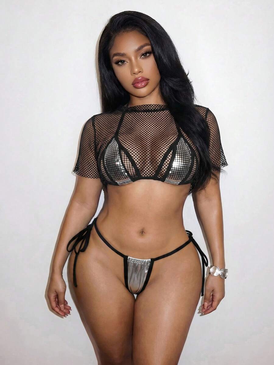 Slaydiva Bộ bikini 3 mảnh gợi cảm cho kỳ nghỉ biển năm 2026, gồm áo croptop khoét eo và áo bikini tay ngắn khoét eo, cùng bikini gợi cảm. - Nhiều màu - Xem 1