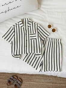 SHEIN 2pcs Young Boys' Spring/Summer Casual Striped Short Sleeve Shirt And Shorts Set, Vacation Style Outfits - Black and White - View 6