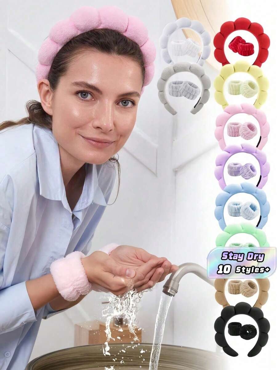 1PC Face Washing Headband Wristband Set For Women Skin Care Makeup Bubble Headband Teen Girl Gift Spa Self Care Facial Tools Beauty Skincare Cleansing - Multicolor - View 1