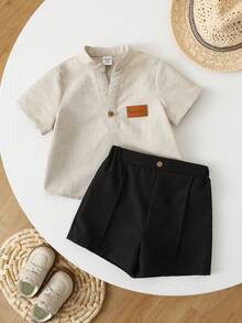 SHEIN 2pcs Baby/Baby Boy Casual Short Sleeve Shirt And Shorts Set, Baby Boy Outfit, Baby Boy Summer Clothes - Khaki - View 6
