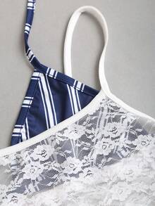 Sweetra Áo camisole không tay dáng ôm, thiết kế mới, kẻ sọc cổ điển, kiểu dáng bất đối xứng, 2 trong 1 dành cho nữ, thích hợp cho mùa xuân/hè. - Xanh và trắng - Xem 5