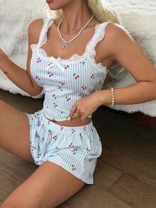 CottageSlumber Women's Cherry Blue Striped Lace Print Camisole Pajama Set - Multicolor - View 7