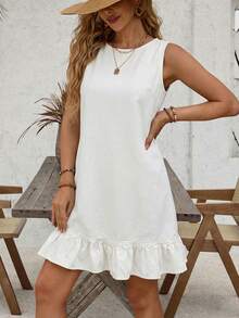 EMERY ROSE Women's Summer Casual Denim Dress With Button Decor And Ruffle Hem, Sleeveless - White - View 13