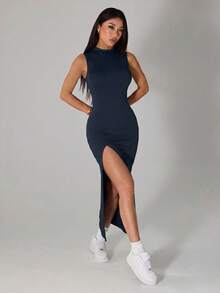 SHEIN PETITE 女士優雅休閒開衩洋裝，輕盈夏季女款洋裝，適合嬌小女性 - 藏蓝色 - 查看 3