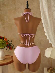 Swim Mod Bộ bikini 3 mảnh gợi cảm họa tiết da báo, cổ yếm, cúp ngực tam giác, chất liệu lưới, buộc dây bên hông, dành cho nữ. - Hồng - Xem 3