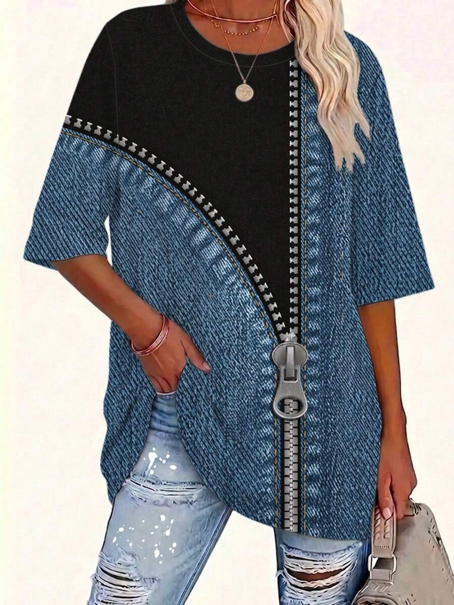 EMERY ROSE Patchwork Pattern Twill Texture Round Neck Short Sleeve Casual Plus Size T-Shirt, Spring - Multicolor - View 1