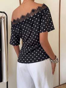SHEIN Elenzya 女士优雅衬衫、女士通勤衬衫、女士夏季衬衫、女士露肩衬衫、女士简约波点印花衬衫、女士黑色衬衫、女士蕾丝领衬衫，适合约会、派对、休闲、通勤、度假、音乐节等场合。 - 黑色 - 查看 2