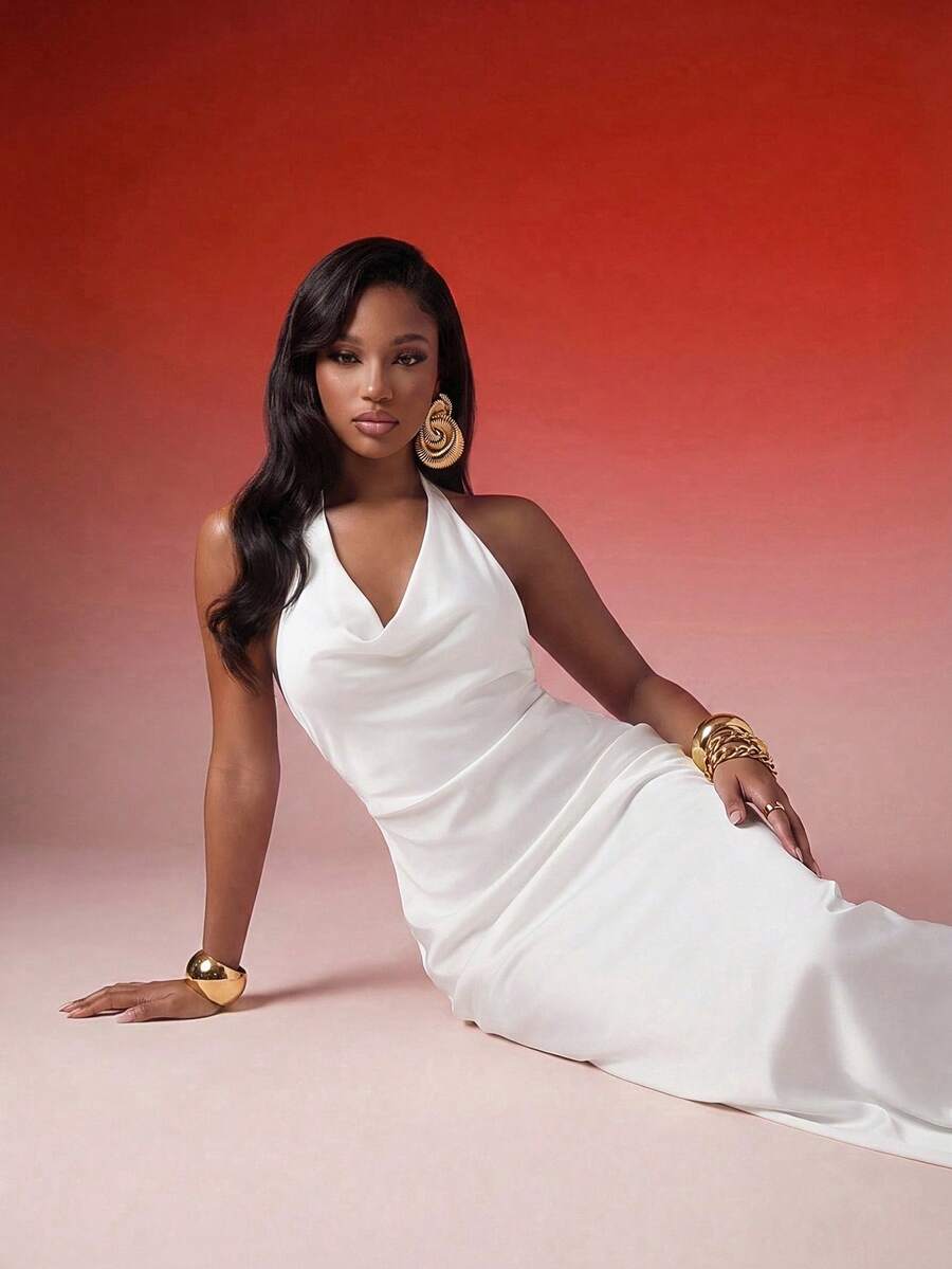 Normani 女款深V領露背長洋裝，白色夏季優雅正式沙灘長裙，希臘女神風垂領露背禮服