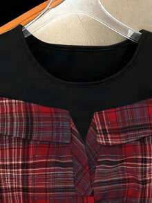 SHEIN Raffinéa 夏季休閒返校紅白格紋二合一襯衫，露肩短袖拼接上衣，V領鈕扣女式襯衫，打結下擺，校園風 - 彩色 - 查看 4