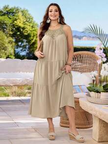Rosumi Vacation Style Hollow Collar Sleeveless Plus Size Dress Gym Brown Summer - Apricot - View 6