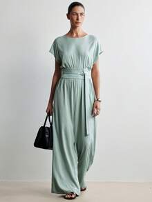 Aalyst Bộ jumpsuit nữ màu trơn cổ tròn tay raglan ngắn eo thắt dây điều chỉnh được với khóa chữ D bằng kim loại, túi, ống rộng suông, màu xanh ô liu, thanh lịch, cổ điển kiểu Pháp, thích hợp cho công sở, đi biển, nghỉ lễ, tiệc trà chiều, dạo phố, phong cách tối giản, đa năng, hàng mới về mùa xuân/hè. - Màu xanh bạc hà - Xem 8