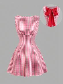 Sweetra Đầm mini nữ mùa Xuân/Hè mới, phong cách đường phố retro, gợi cảm, ôm dáng, thanh lịch, đa năng, thoải mái, có nơ và kẻ caro, thích hợp cho kỳ nghỉ. - Đỏ - Xem 7