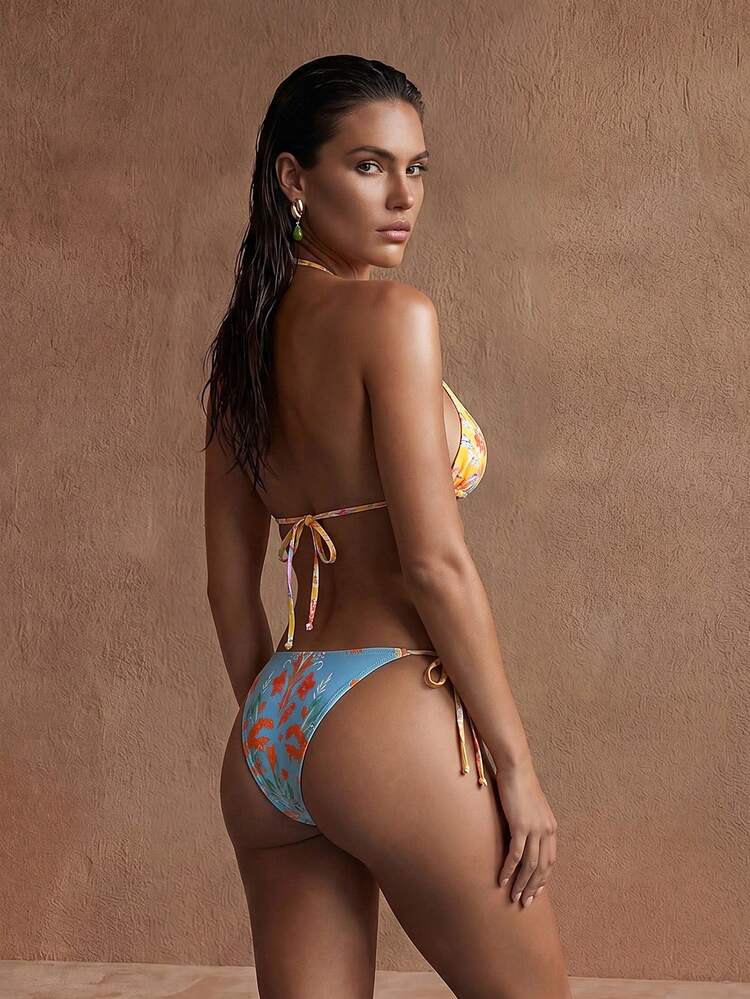 Women's Summer Beach Full Print Halter Tie Sexy Bikini And Triangle Briefs Swimsuit Set