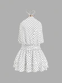 Sweetra French Sexy Retro Halter Tie Metal Buckle Backless Cinched Waist Layered Ruffle Hem Mini Dress,White With Black Polka Dots,Summer,70s Retro,Golf - White - View 1