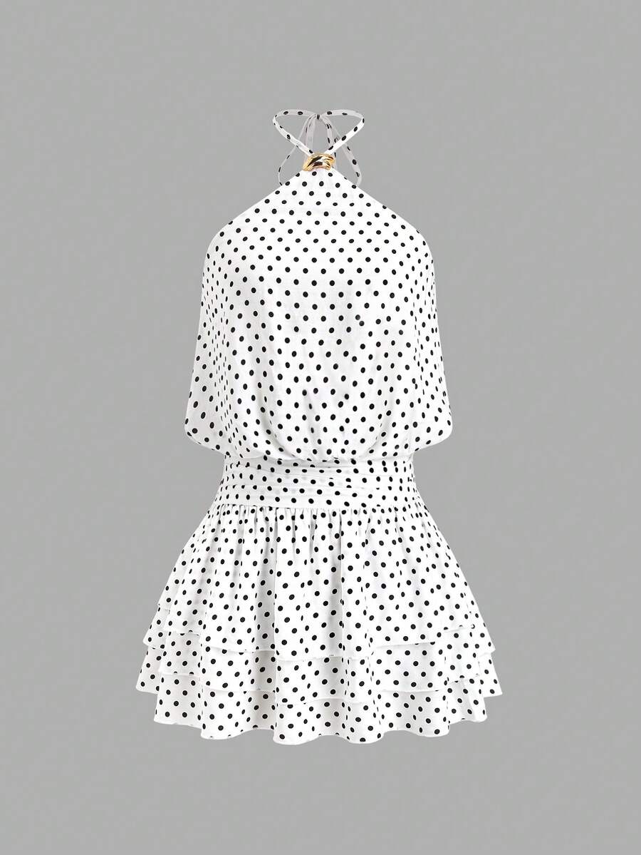Sweetra French Sexy Retro Halter Tie Metal Buckle Backless Cinched Waist Layered Ruffle Hem Mini Dress,White With Black Polka Dots,Summer,70s Retro,Golf - White - View 1