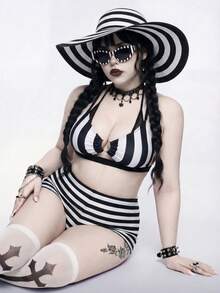 Goth Bộ bikini hai mảnh phối màu dành cho nữ cỡ lớn, kiểu cổ yếm và quần tam giác, thích hợp cho kỳ nghỉ hè. - Đen và trắng - Xem 5